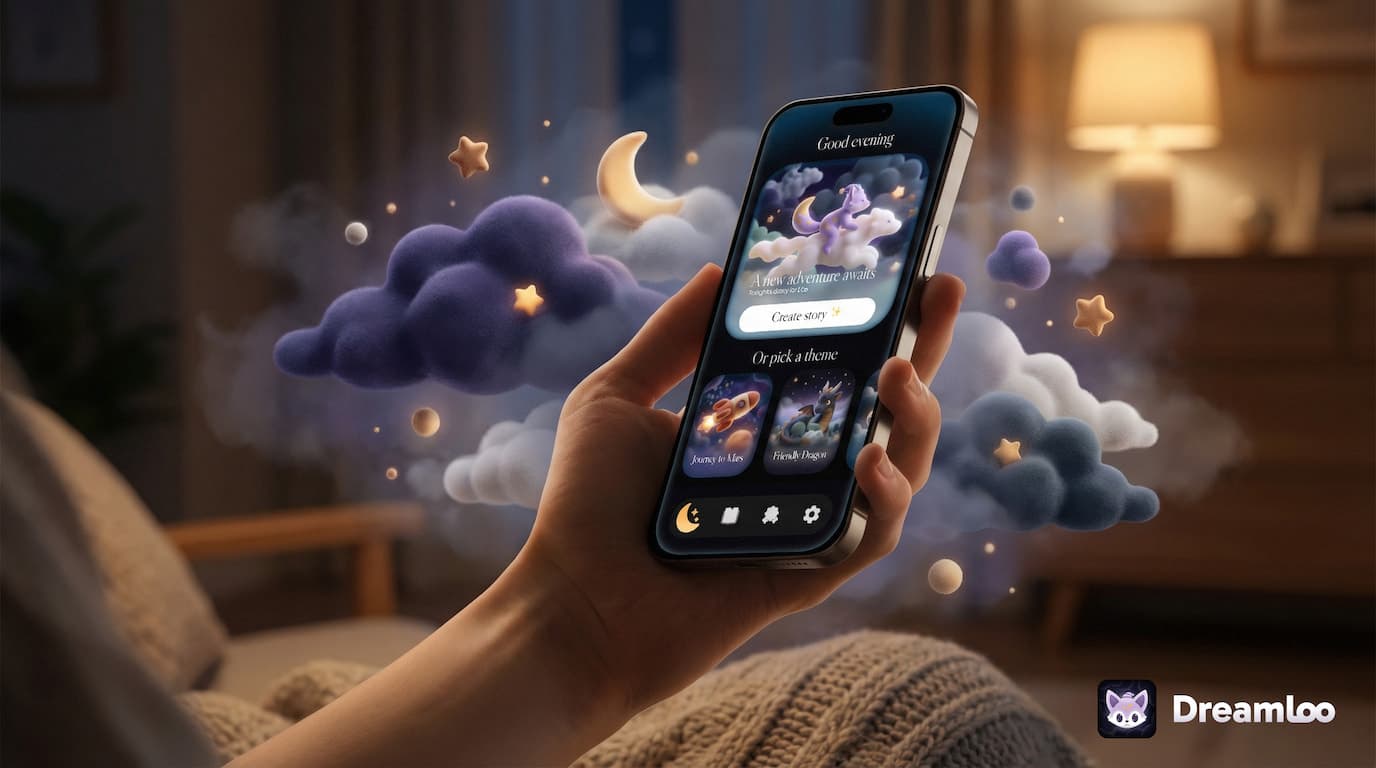 A hand holding a phone running Dreamloo, surrounded by soft moonlit clouds and stars