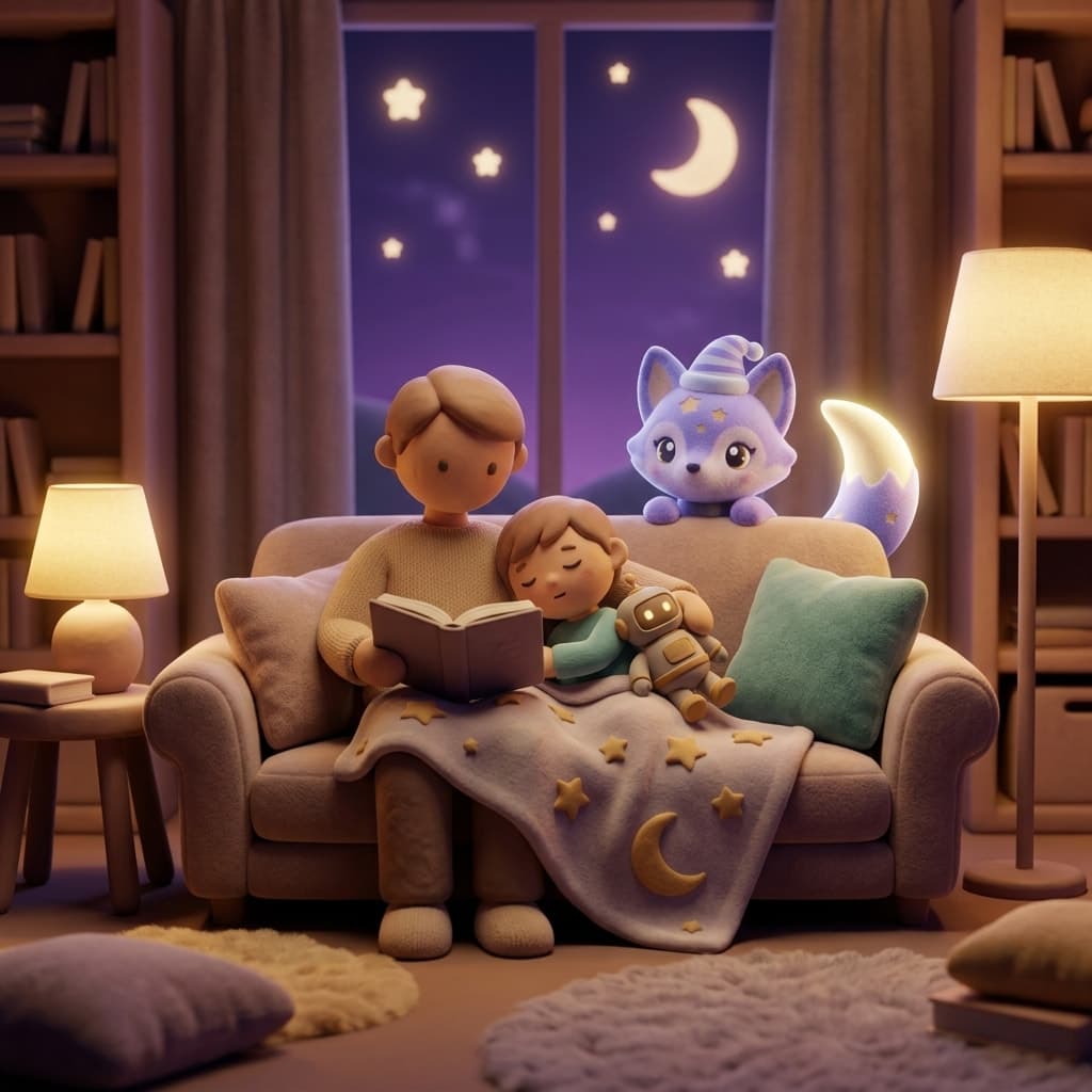 A parent and child cuddled up at bedtime listening to a story together